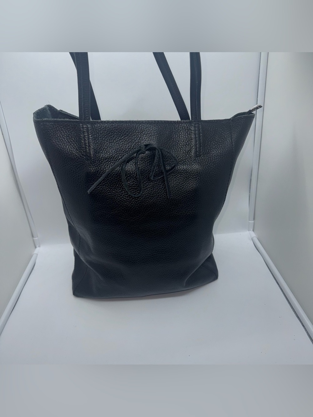 Black Leather Tote Bag with Drawstring Accent